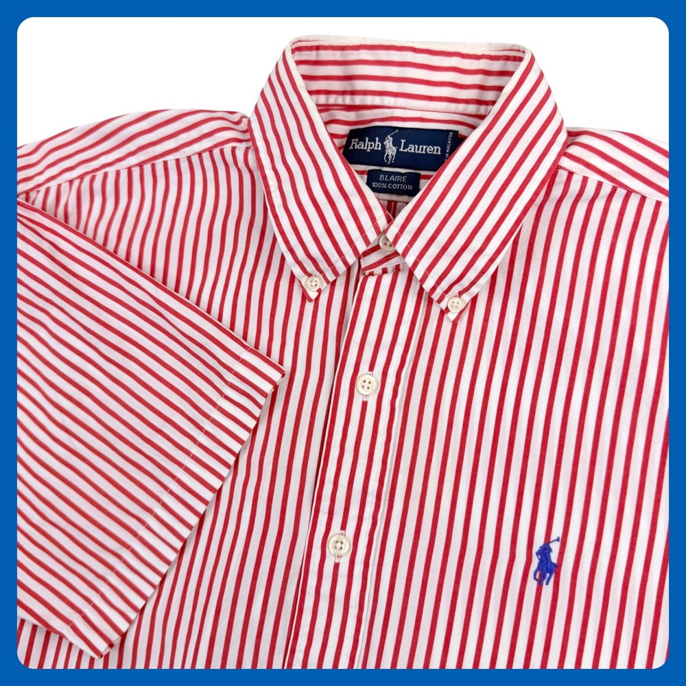 Vintage Ralph Lauren Blaire Shirt Men LARGE Red White Striped Short Sleeve